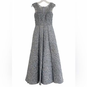 Blue Silver Embroidered Beaded Formal Gown